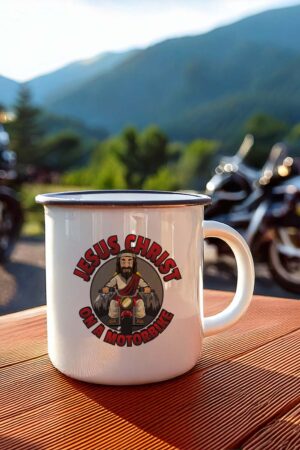 Jesus Christ on a Motorbike Emaljmugg