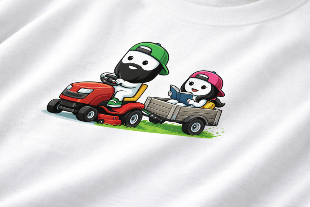 Bob & Ella klipper gräs. T-shirt i vitt med tryck