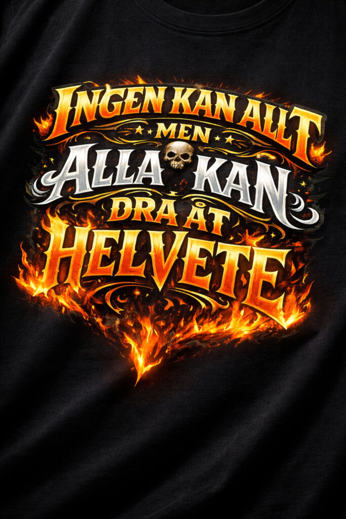 Humoristisk t-shirt med trycket "Ingen kan allt men alla kan dra åt helvete". Ett coolt och unikt tryck som kan ses som ett statement.