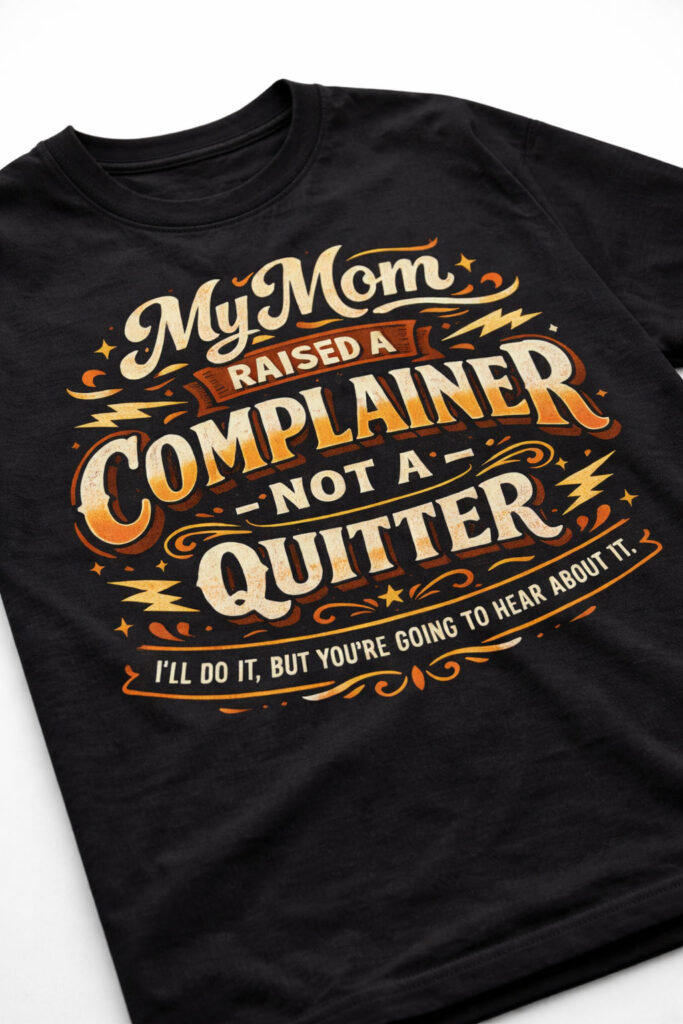 T-shirt med humor! Svart t-shirt med trycket "My mom raised a complainer, not a quitter - I'll do it, but you're going to hear about it". För dig som klagar mer än du hoppar av.